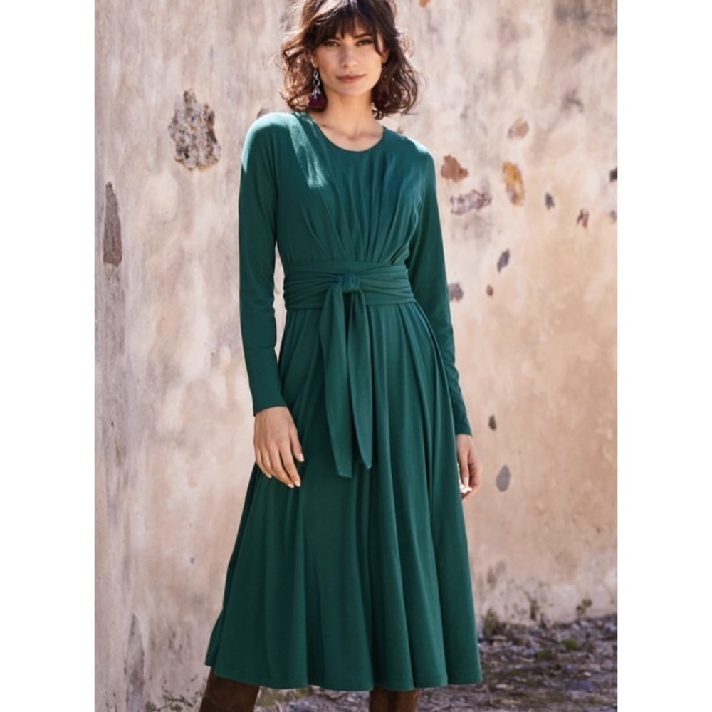 Peruvian Connection Teal Green Celeste Tie Waist Long Sleeve Pima Cotton Dress